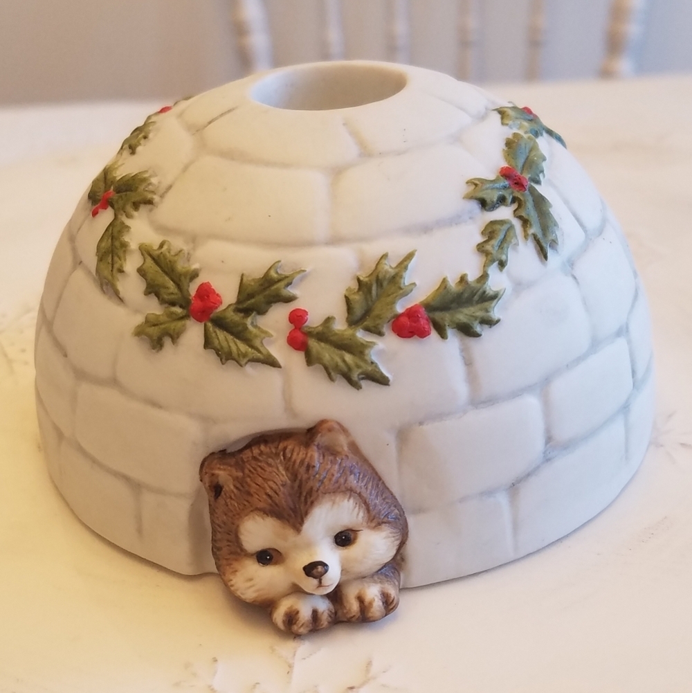 Enesco 1980 Porcelain Igloo  Bear  Holly Leaves Candlestick